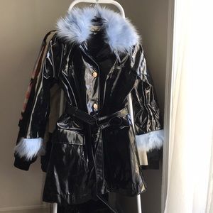 Black trench coat with blue fur trim